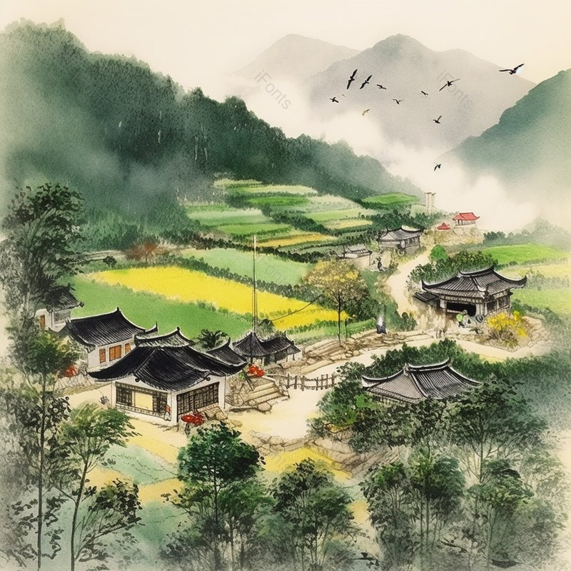中国古代乡间田地房屋彩绘水墨画,插画/手绘图,插画/手绘图库,插画/手绘图下载,插画/手绘